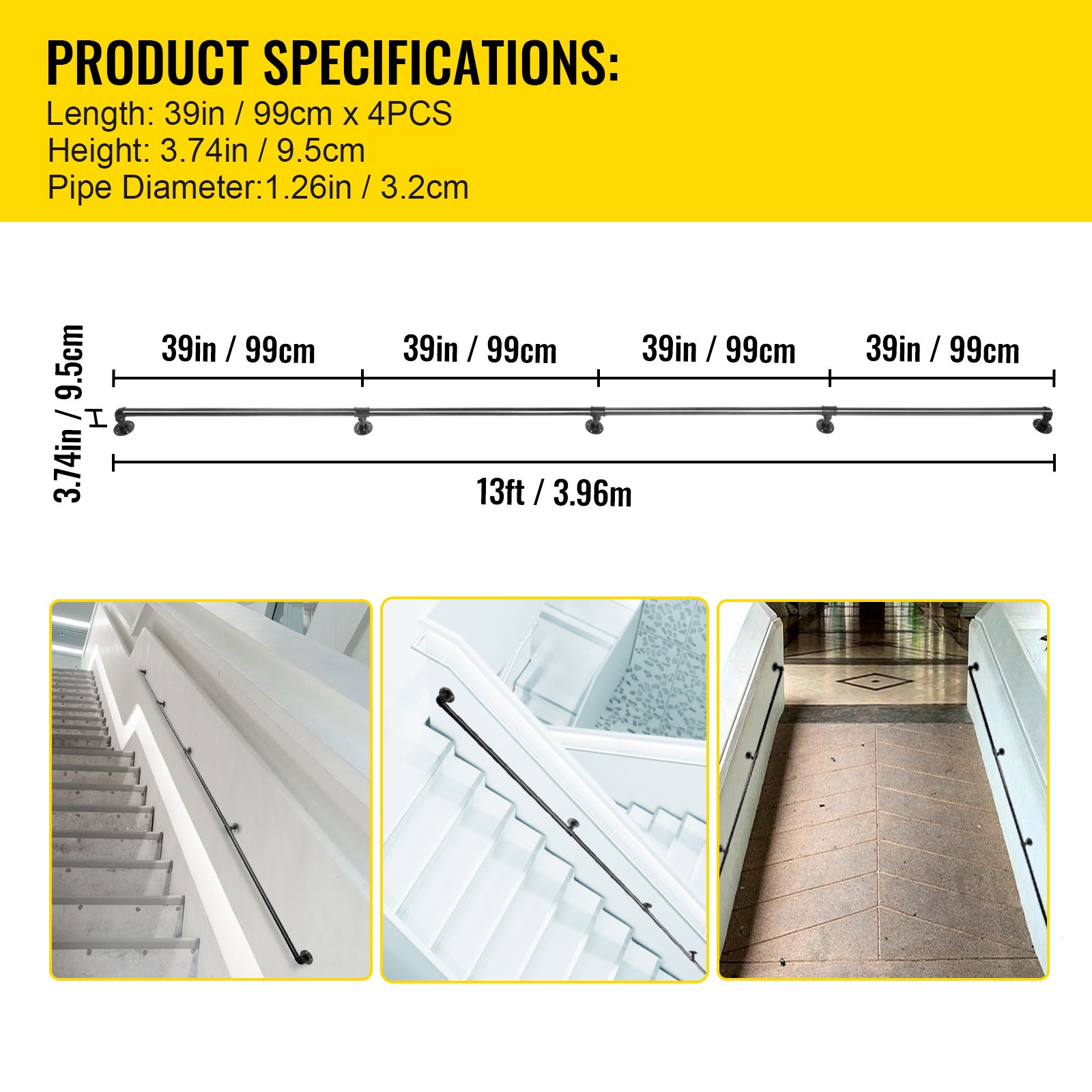 Uimoso Stair Handrail Staircase Handrail 13 FT Carbon Steel Wall