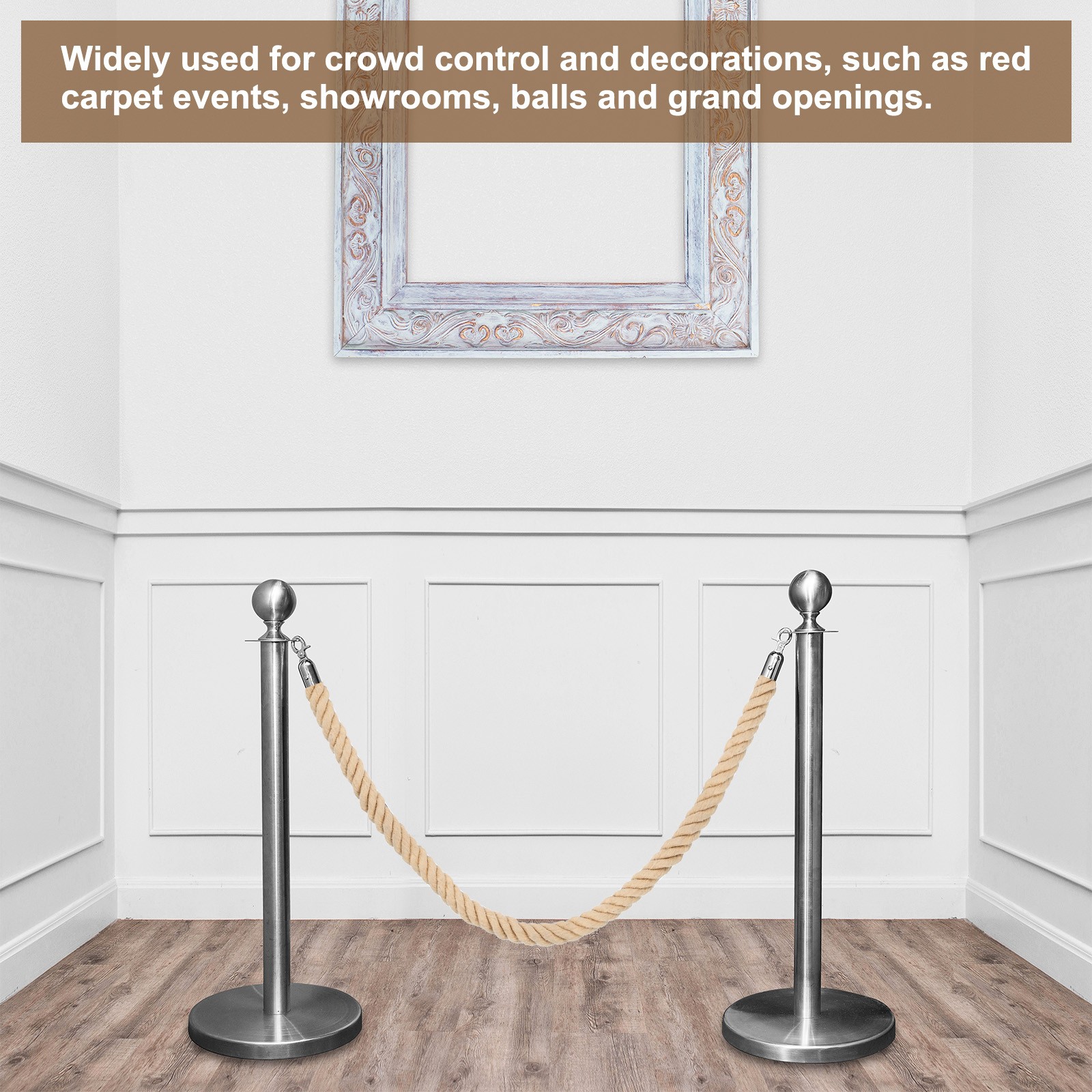 2Pcs 3ft x 1.5 Inch Crowd Control Jute Stanchion Rope with Snap Hooks