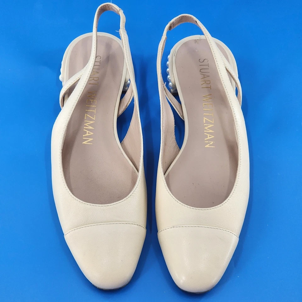 STUART WEITZMAN Cream Leather Pearls Slingback Sandals Size 7.5 AA - Image 2 of 4