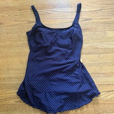 Vintage Women's Robby Len Blue Gold Polka Dot One Piece Swimsuit Sz 14 USA