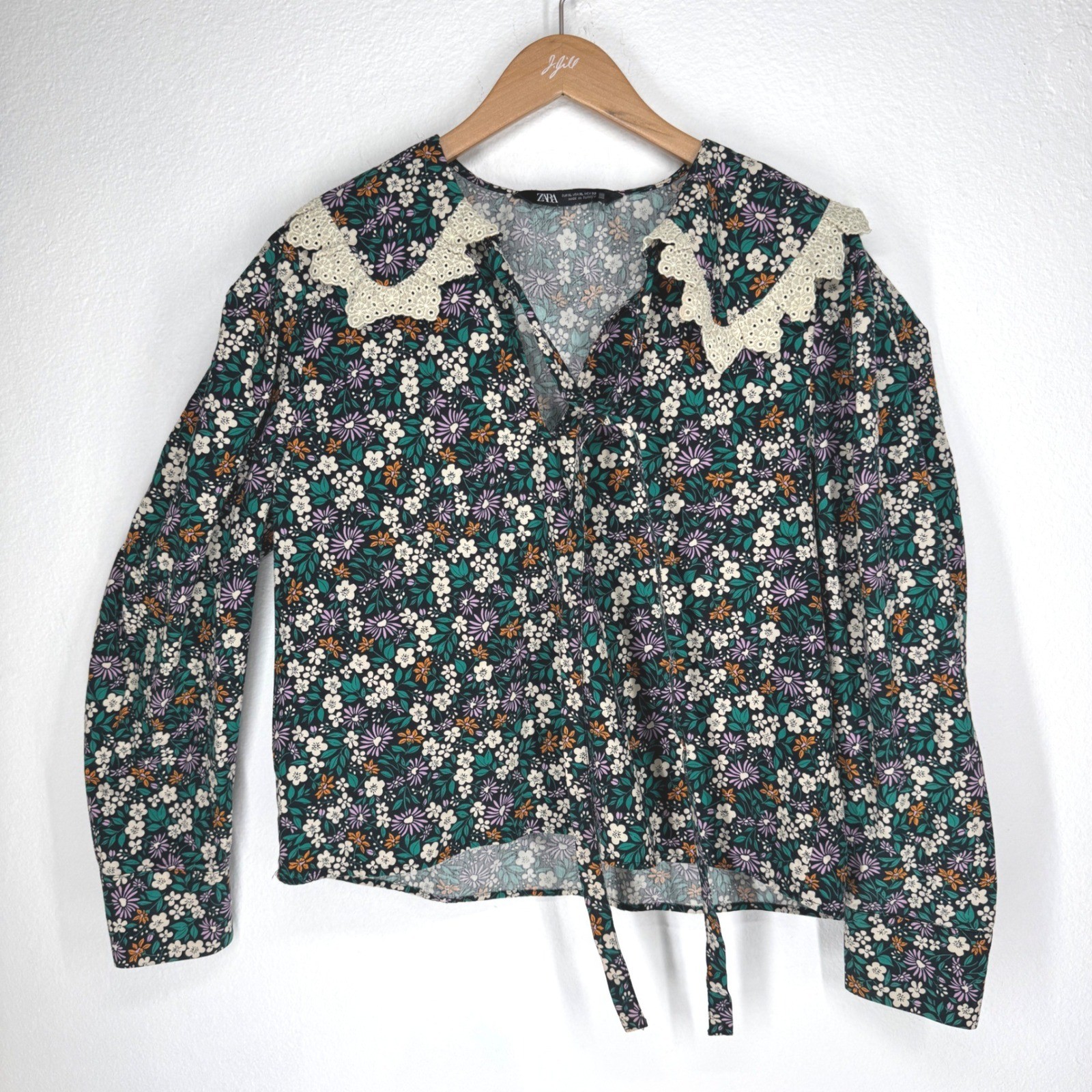 Zara Dark Floral Crochet Lace Peter Pan Collar Blouse Top XL Prairie Cottagecore