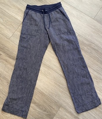 Athleta Bali Linen Pants Wide Leg Cropped Navy Blue White Striped Drawstring 2