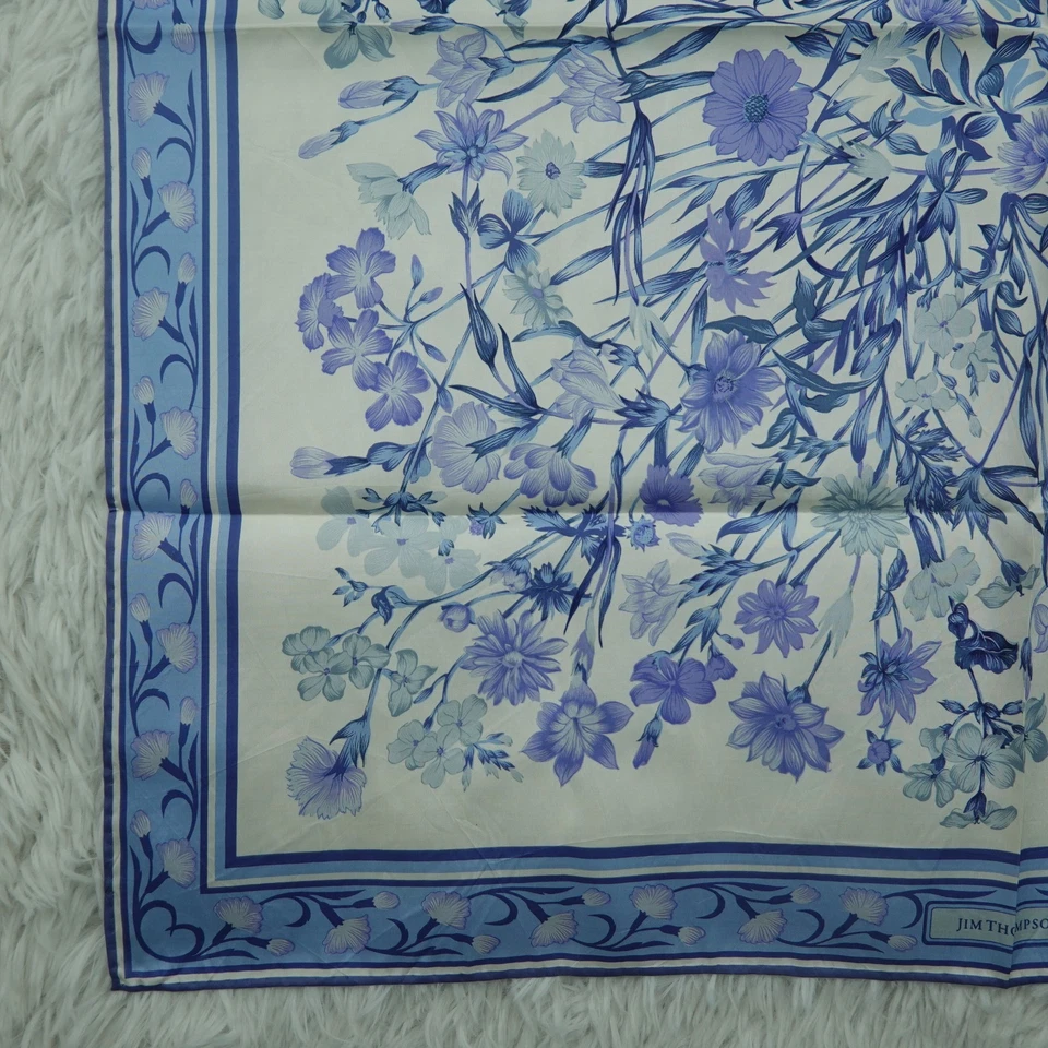JIM THOMPSON Azul Blanco Flor Seda Bufanda Bufandas 31.5" X 32.5" P746 Foto 4 de 4