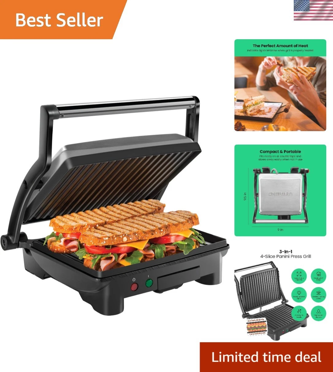 Stainless Steel 4-Slice Panini Press with Removable Drip Tray - Easy Cleanup