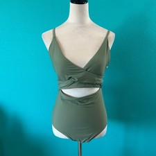 NWT Aerie Green Shine Pique Wrap One Piece Swimsuit Cut Out Swim Size L Long