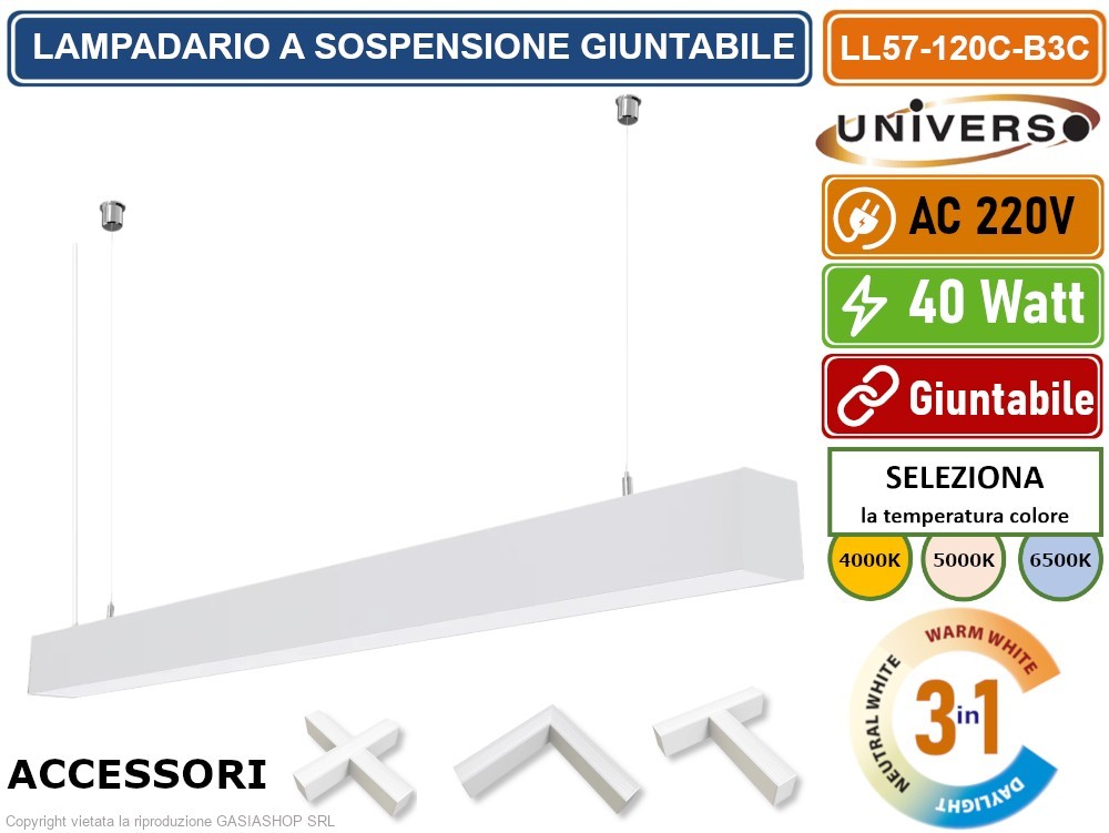 Lampadario LED 40W Lineare CCT - Modulare Soffitto e Sospensione