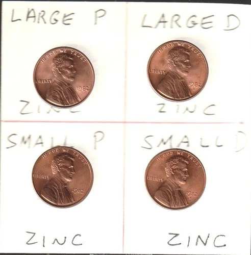 1982 - LARGE & SMALL DATE  LINCOLN CENTS   ~ P & D  ZINCS~  4 NICE UNCIRCULATEDS