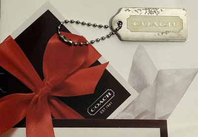 COACH Engraved Logo Ivory Silver Tone Charm Tag w/Chain For Bags Purse ...