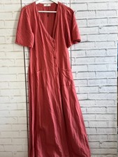 Mango MNG Maxi Dress Terracotta Pink Linen Mix Boho Summer S UK 8 Button Pockets