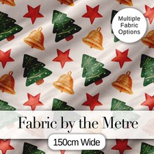 Watercolor Christmas Bells Stars and Tre Fabric Material Craft Sewing Textile UK