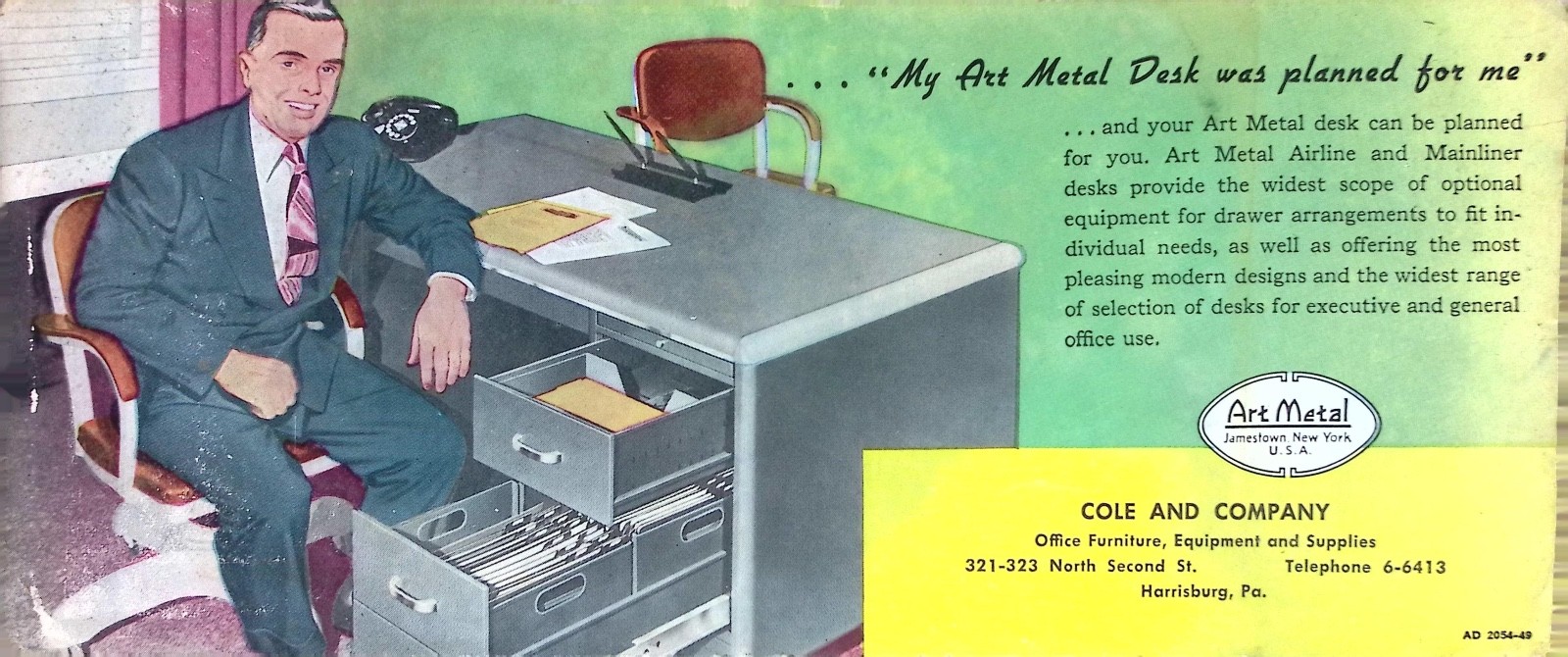 Vintage Art Metal Desk Advertising Blotter Cole Company Harrisburg PA 1940s
