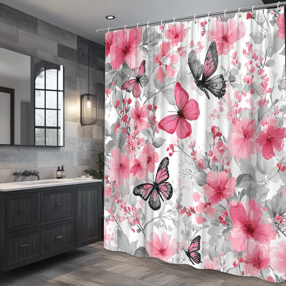 Cortina de chuveiro floral rosa com borboletas e folhas cinza para decoração feminina - Imagem 4 de 4