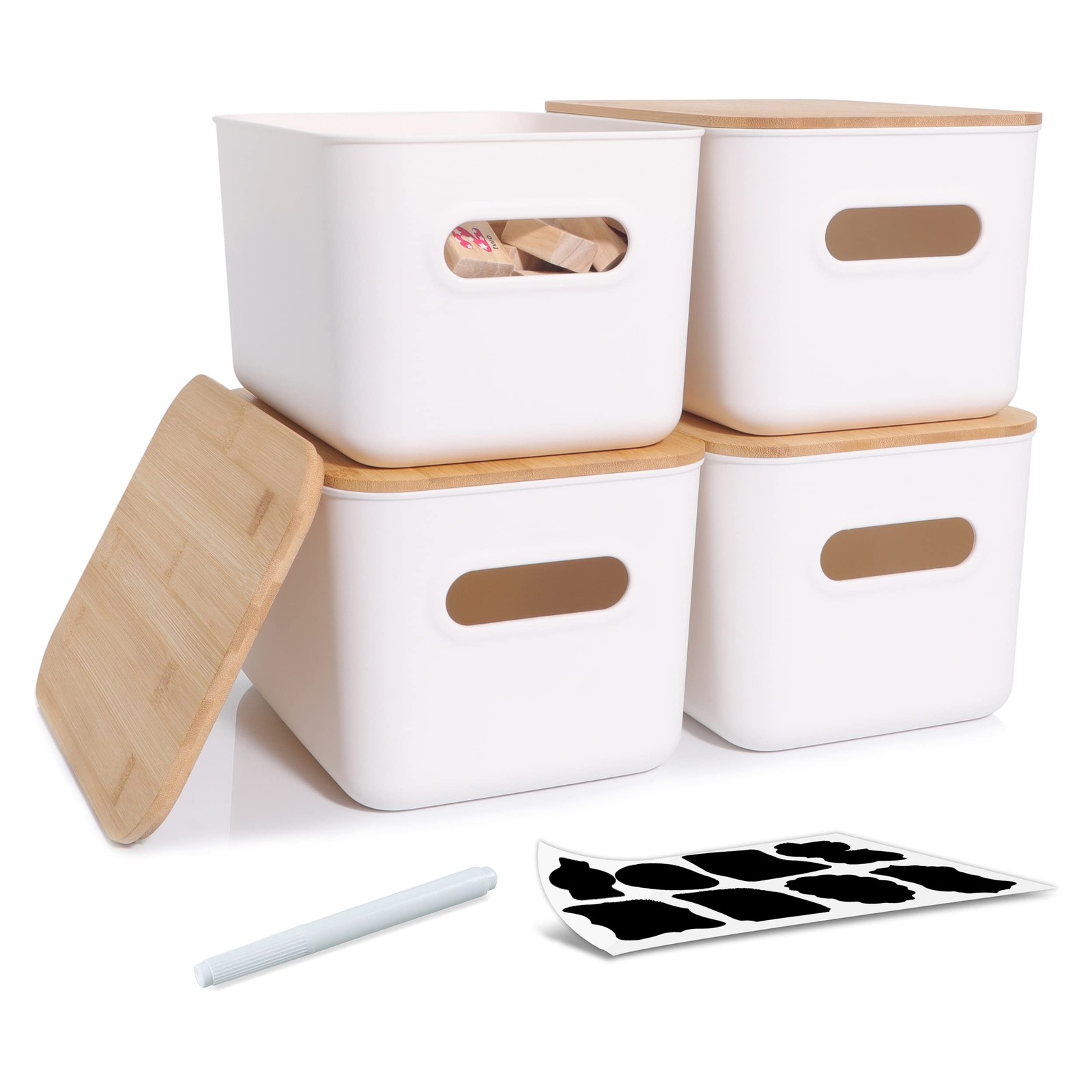 Citylife 4-Piece Bamboo-Lid Storage Bins Plastic Organizing Containers