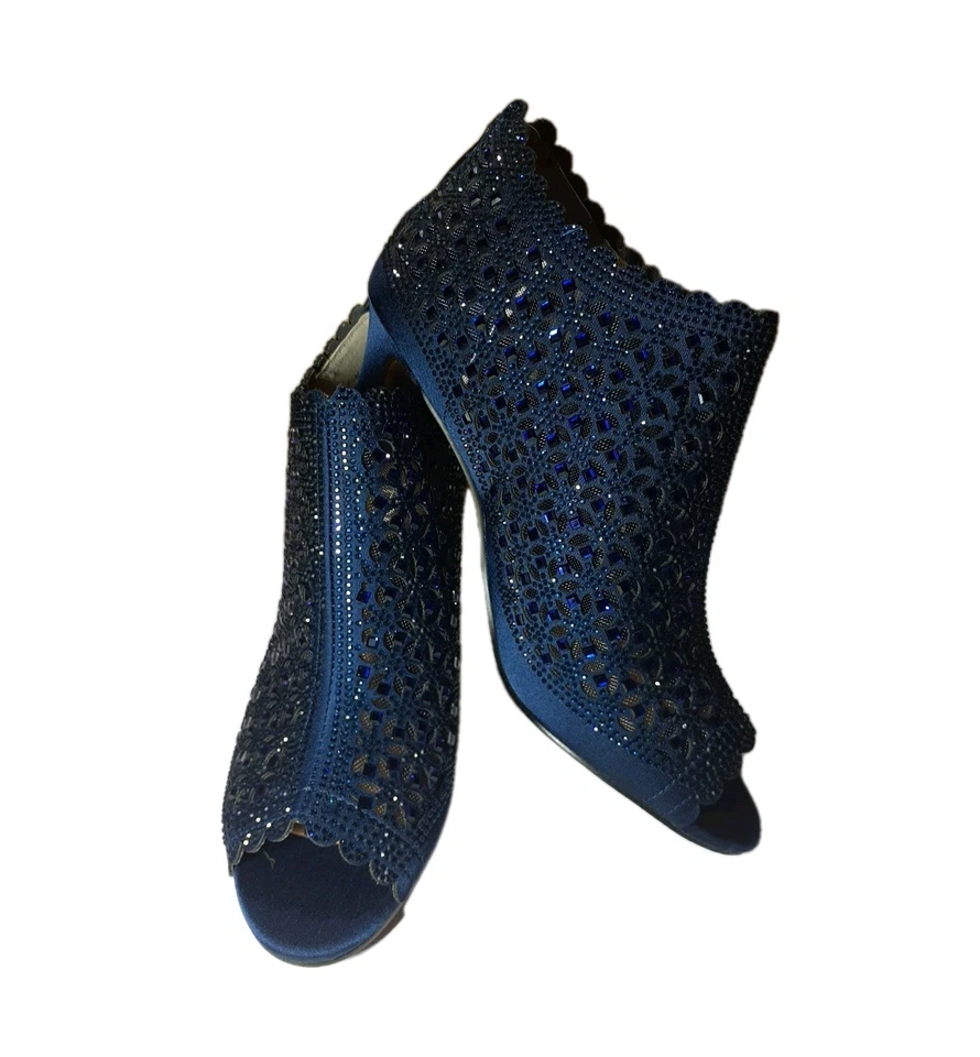 Women's Navy Blue Sparkly Rhinestone Ankle Boots Peep Toe Sz.6.5 New! - Image 2 of 4