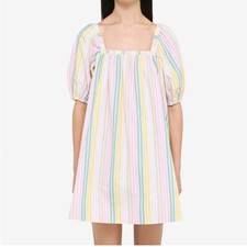 GANNI Pastel Multi-Stripe Square Neck Babydoll Mini Dress Sz 38/ US6