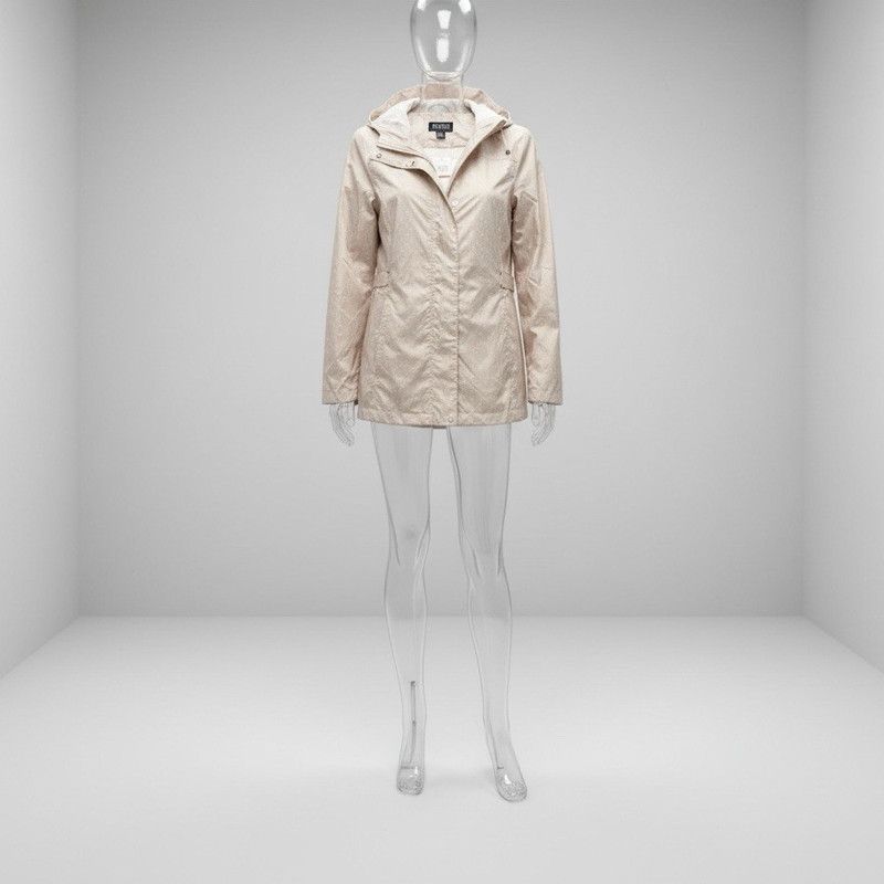 Women’s Beige Hooded Zip Rain Coat Jacket Mid-Length Solid Outdoor Size M