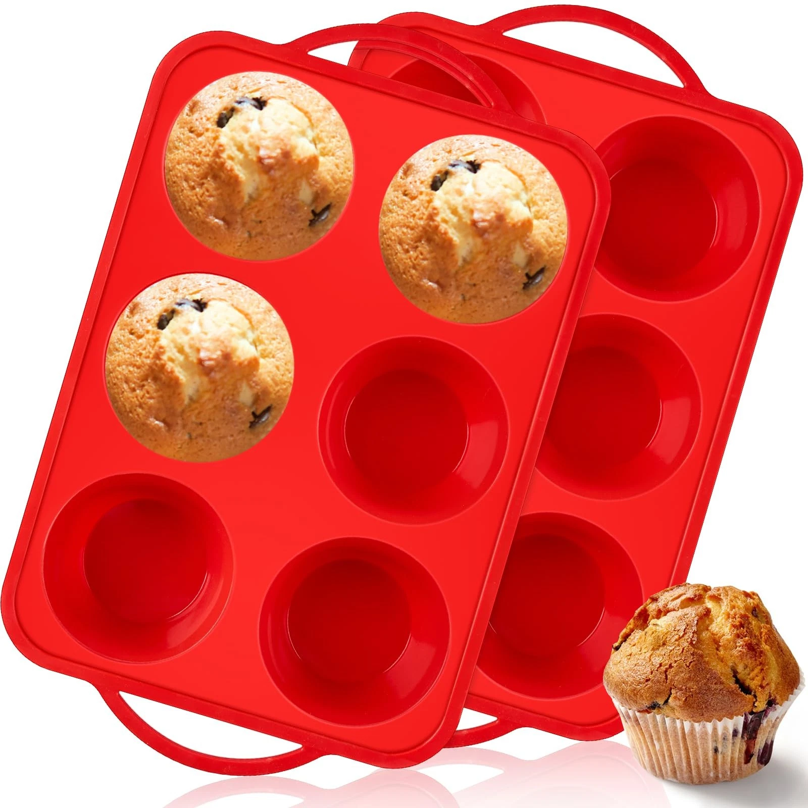 2 Pack Jumbo Muffin Pans with Metal Frame, 6 Cup Large Cupcake Molds w/ Handles