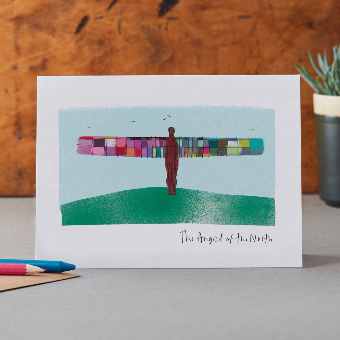 Blank Card Colourful Angel Of the North - Mixed Media Landmark Artwork