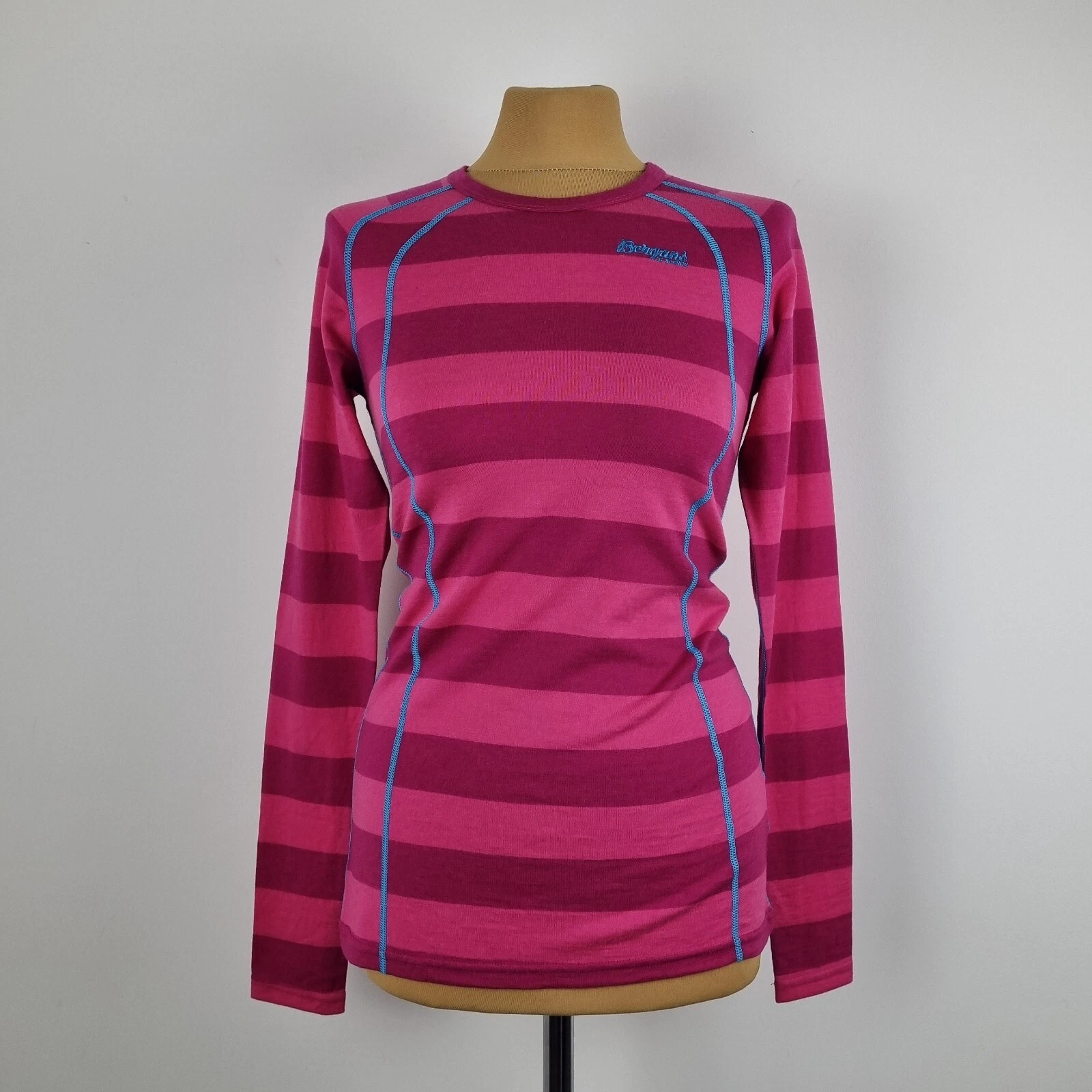 BERGANS Women's Pink Striped 100% Merino Wool Base Layer Top ! size S