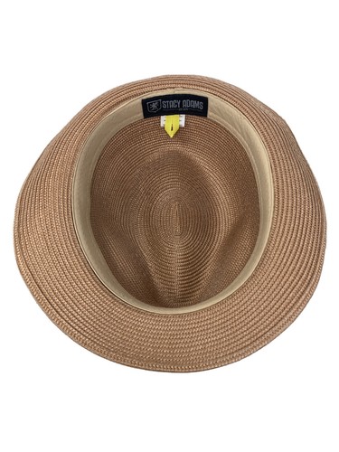 Stacy Adams Men's Fedora Brown Straw Hat Poly Braid Zipper Band Feather SIZE M - Picture 6 of 7