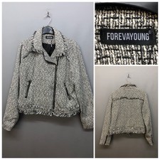 For Eva Young Women’s Grey Tasselled Copped Biker Jacket Uk 14 Eur 42 Us 10