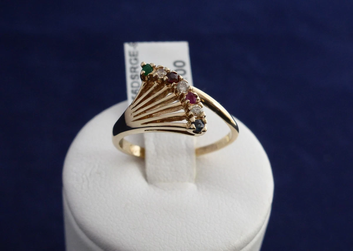 9CT SOLID YELLOW GOLD RING 3 diamonds 4 natural gems sapph ruby garnet emerald