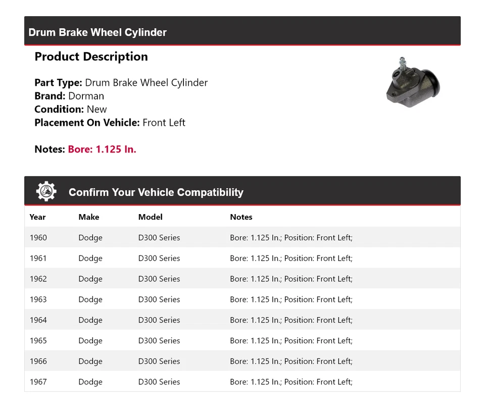 Cilindro de rueda de freno de tambor delantero izquierdo 1961 para Dodge D300 Series Dorman 1960-1967 Foto 2 de 3
