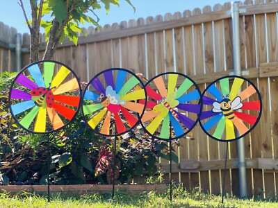 2-Pack Rainbow Wheel Wind Spinner With Cute  Insect Centerpieces For Yard Decor