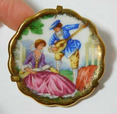 Broche Vintage En Porcelaine De Limoges Bleue - Bijou Ancien Occasion
