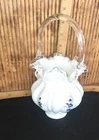 Fenton Milk Glass Silver Crest Elizabeth Basket/Hand Painted Blue Flowers/Signed