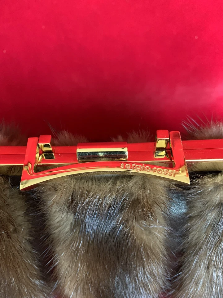 Sergio Rossi Brown Leather And Fur Clutch/ Small Shoulder Bag With Gold Hardware - Image 4 of 4