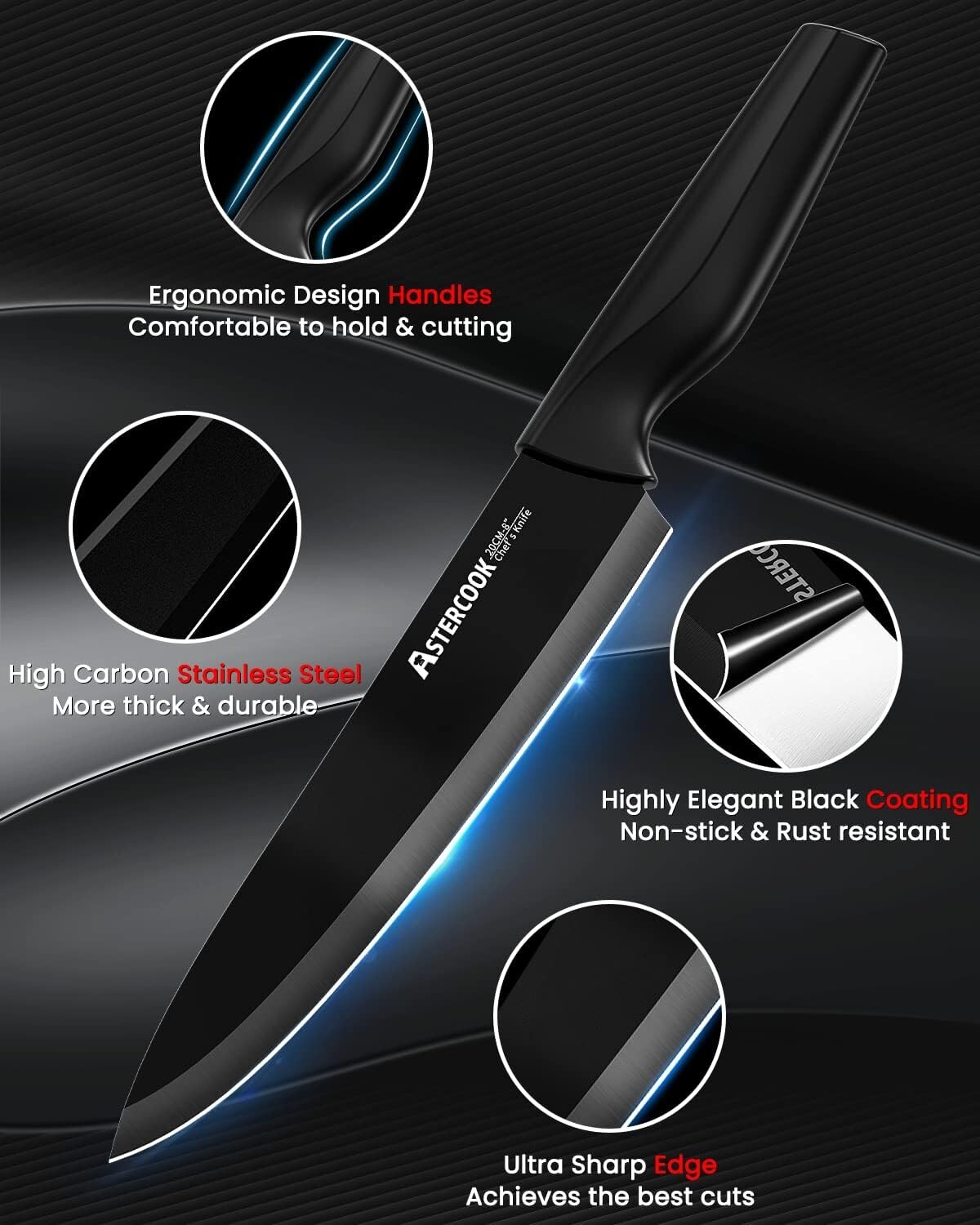 Essential Black Kitchen Knife Set - 15 Pieces with Ergonomic Handles & Sharpener