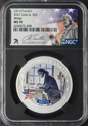2021 Cook Islands Silver $2 Life of Franklin Writer 7K NGC MS70 ✪COINGIANTS✪