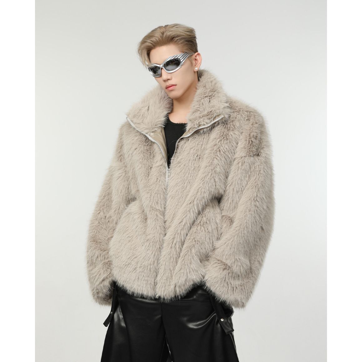 Mens Loose Fit Short Coat Stand Collar Faux Fur Jacket Zip Mens Loose Fit Short Coat Stand Collar Faux Fur Jacket Zip