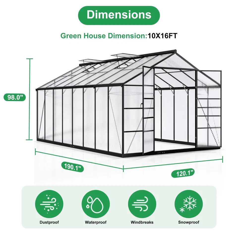 10x16/10x18FT Polycarbonate Greenhouse, Quick Setup, Roof Vent, Walk-in Aluminum - Image 3 of 4