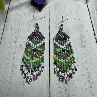 Boho Tribal Earrings American Native Earrings 3 Inches Seed Beaded Earrings