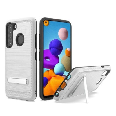 For Samsung A21 Brushed Hybrid W/Magnetic Kickstand Case SILVER