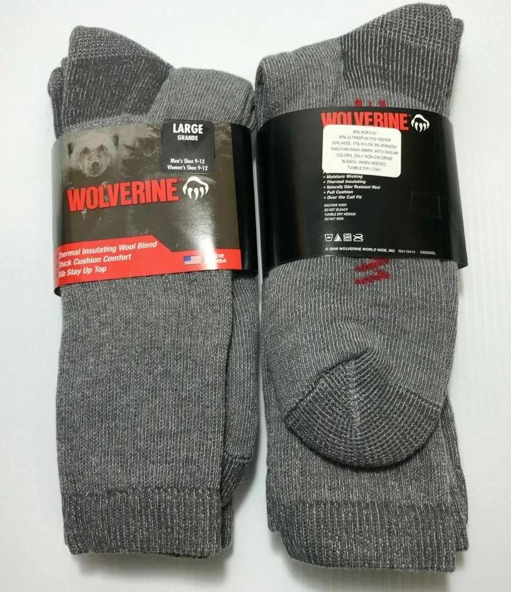 Wolverine Thermal Insulating Thick Cushion Wool Blend Boot Socks, Large, 4 pair