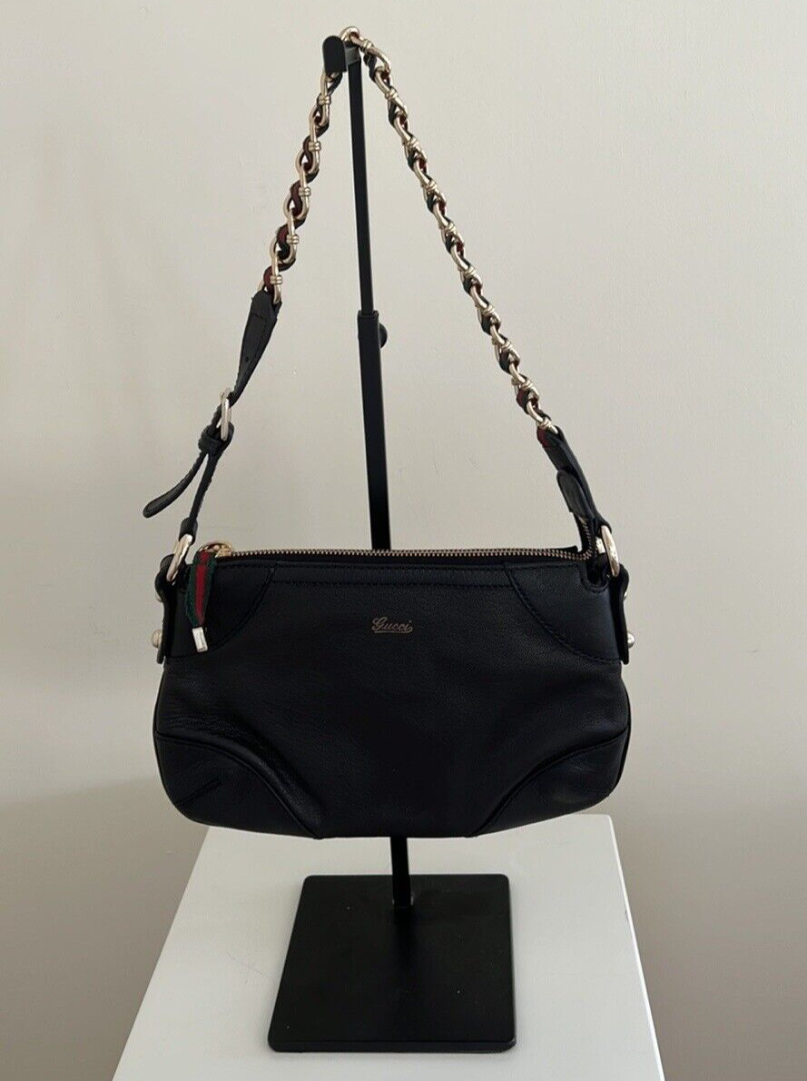 Gucci Authentic Vintage Black Leather Shoulder Bag Gold Chain Strap NWT image 2