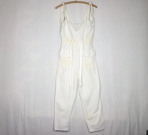 Vtg 80s Cotton Fishnet Jumpsuit XS S Tie Strap White Cinch Waist Zip Retro Rare - Picture 9 of 10
