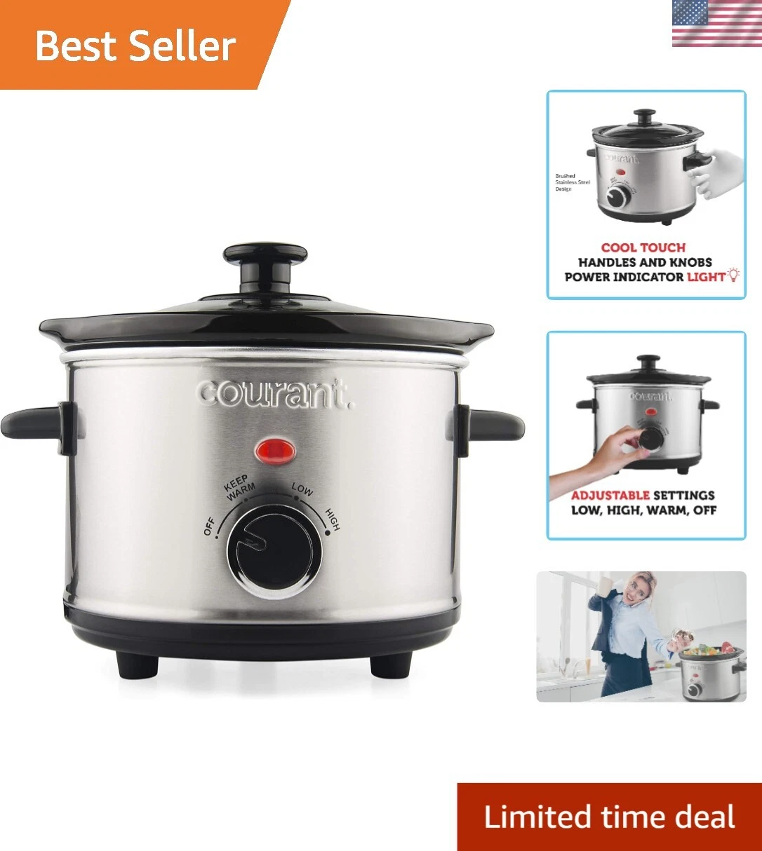 1.6 Quart Crock Slow Cooker with 3 Heat Settings - Stainless Steel Finish