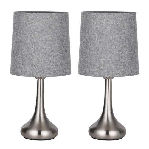 Set of 2 Modern Bedside Table Lamps with Gray Fabric Shade for Bedroom, Office