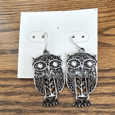 Owl Shaped Silver Dangle Drop Earrings with Crystal Eyes, Well Made 