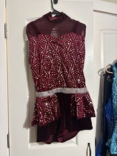 Women Burgundy Sequin Dancewear Outfit with Mesh Neckline Adult XL