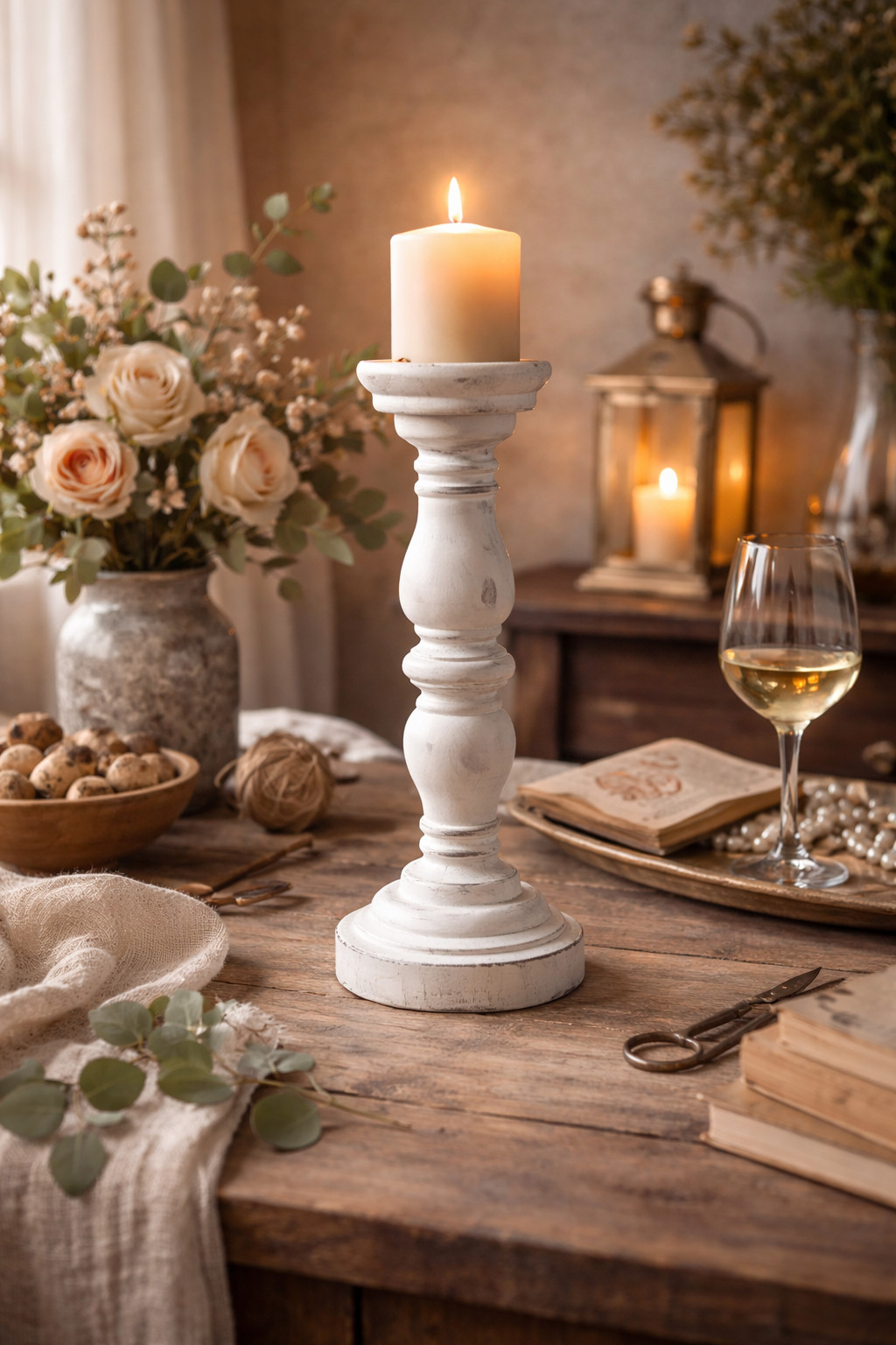 Distressed White Table Decor 13.6&rdquo;