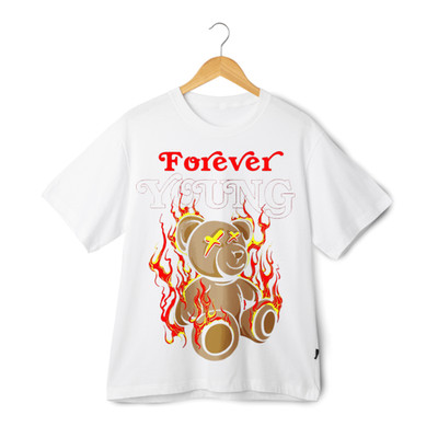 Forever Young Flaming Teddy Bear Graphic T-Shirt Dark Streetwear Design Tee