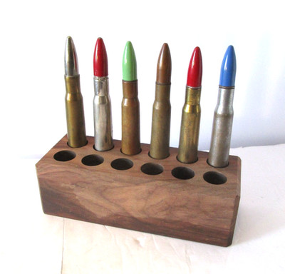 Collection of 6 WW2 Dated 50 Cal. Lighters w/ Walnut Display  Stand