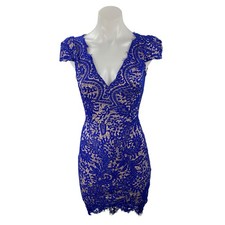 NEW Hello Molly Blue Lace Cap Sleeve V Neck Open Back Mini Bodycon Dress Size 8
