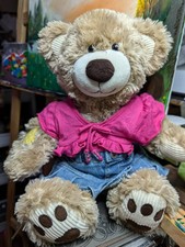 Build A Bear Teddy Bear With Denim Mini skirt and Pink ruffled top Outfit