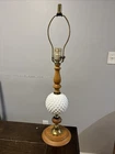 Vintage Milk Glass Hobnail Table Lamp Wood Spindle Brass 24 Inch Tall Working